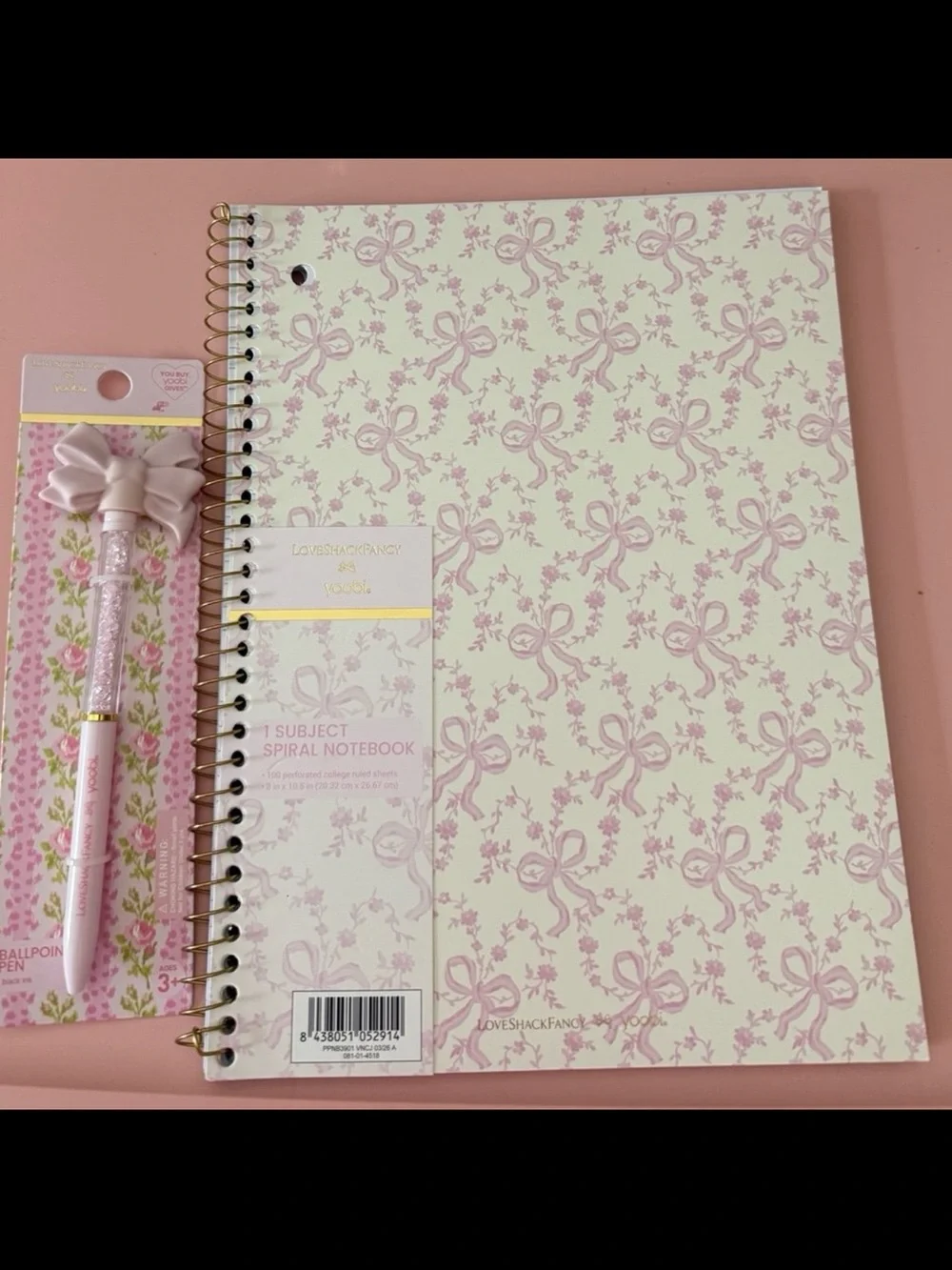 LoveShackFancy x Yoobi Spiral Notebook & Bow Pen Gift Set Pink NWT Coquette